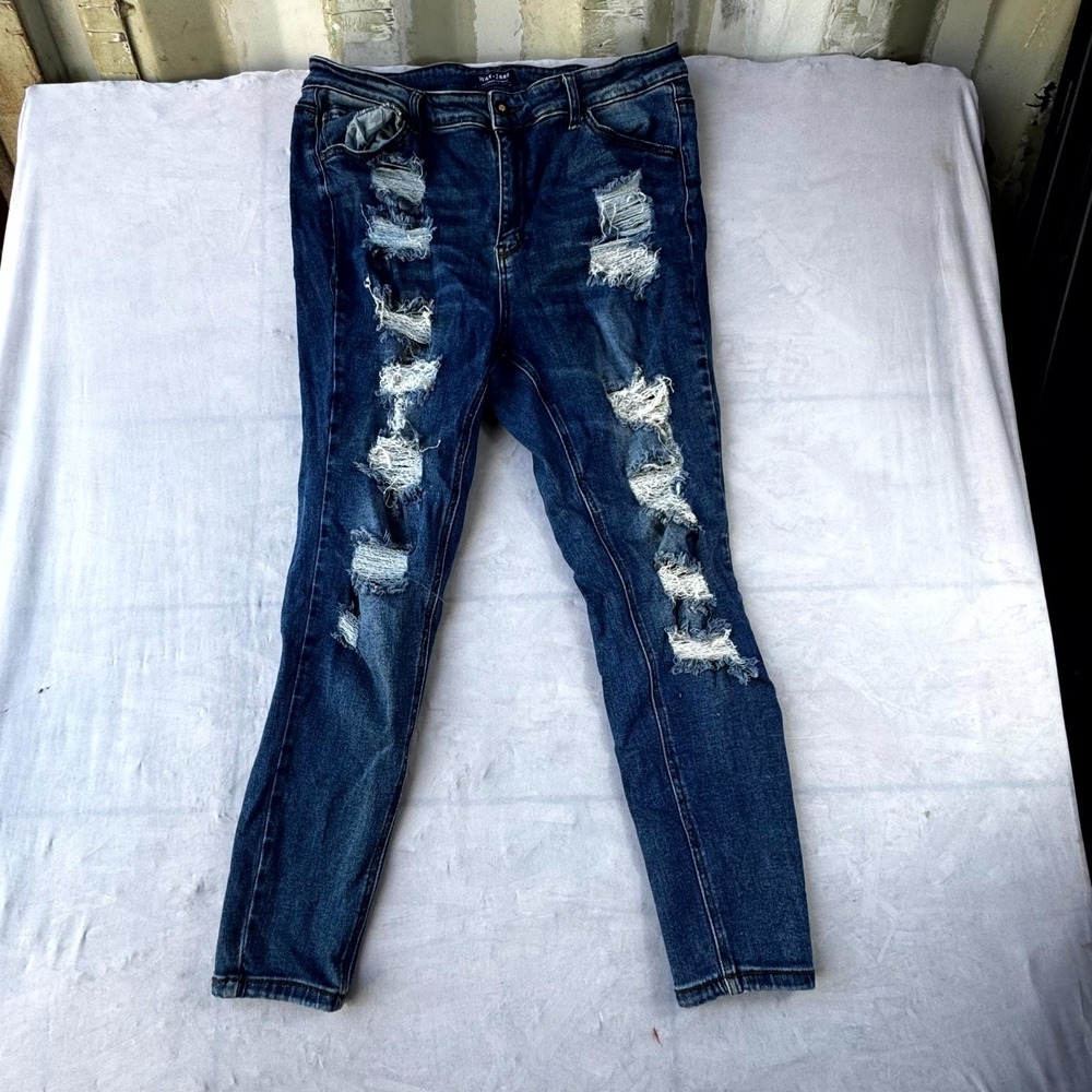 Wax Jeans Women's 18 Blue Denim Distressed Skinny Leg Outdoor 5 Pockets Zip Fly
